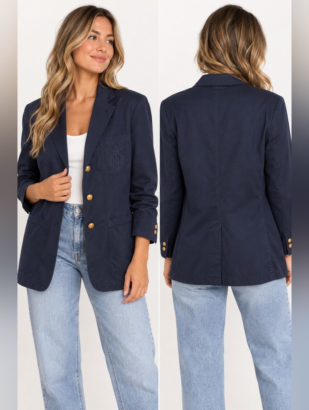 Lauren Ralph Lauren Navy Crest Embroidered Gold Button Blazer Jacket XL